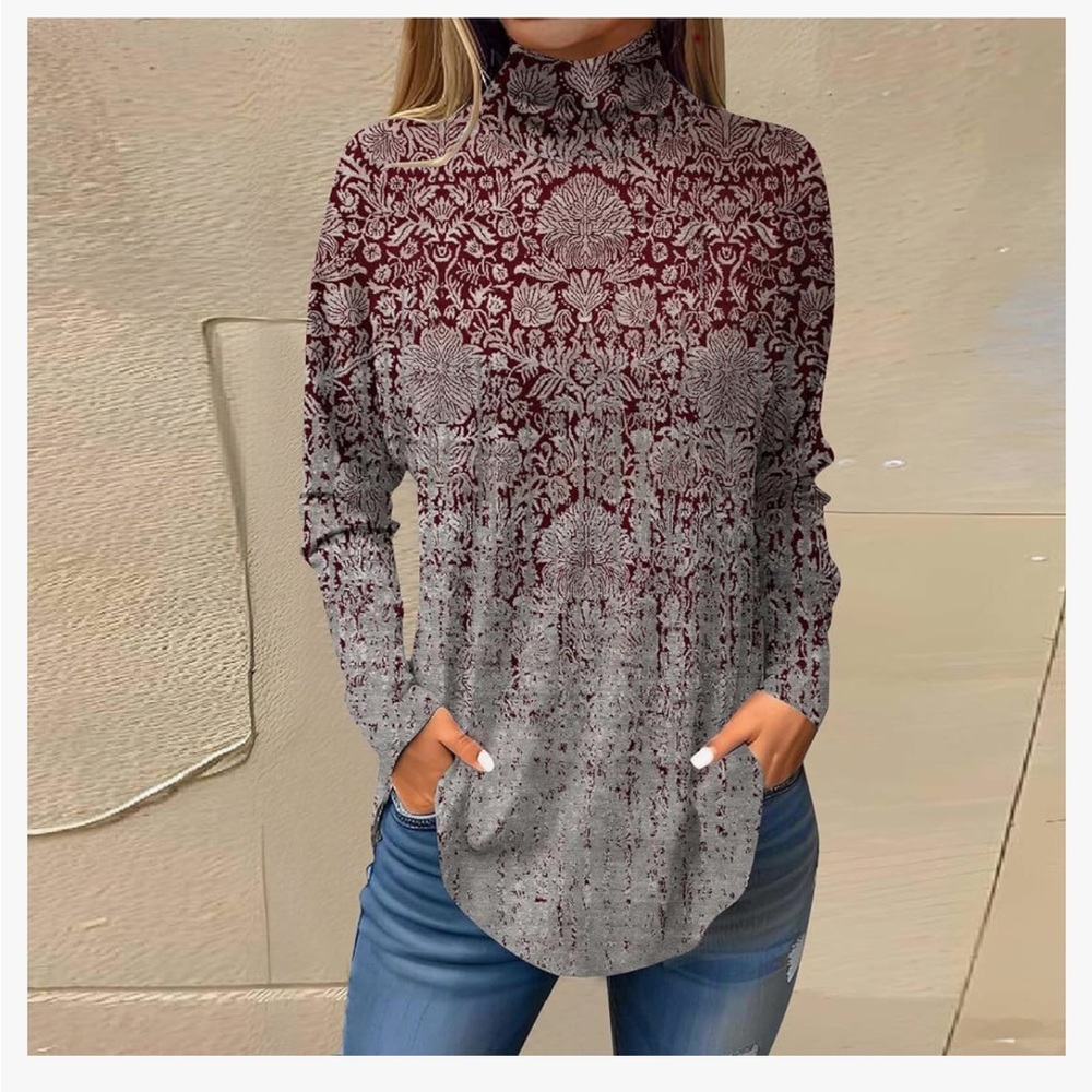 Women’s Turtleneck Long Sleeve Shirts Color Block Tunic Tops